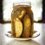 Homemade spicy dill pickles in a glass jar.
