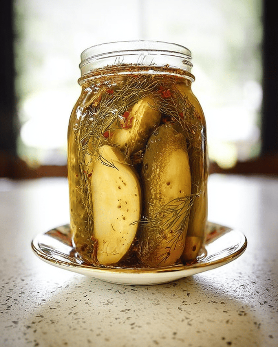 Homemade spicy dill pickles in a glass jar.