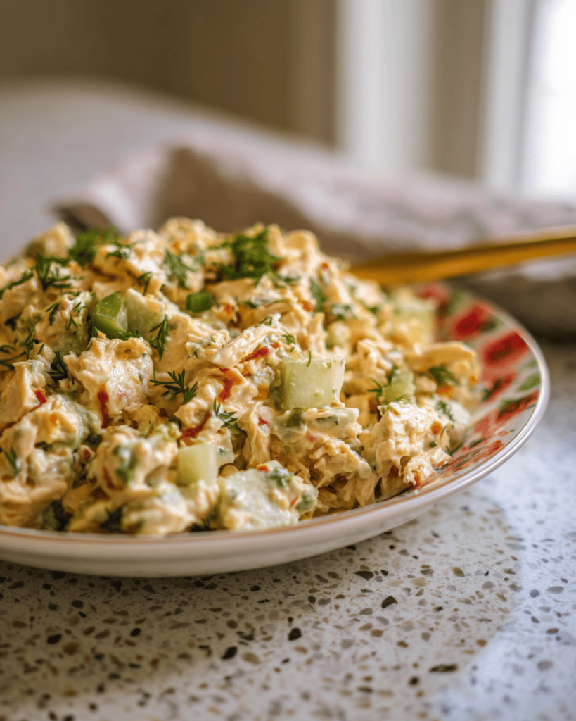  Tangy dill pickle chicken salad topped with chopped herbs and diced pickles