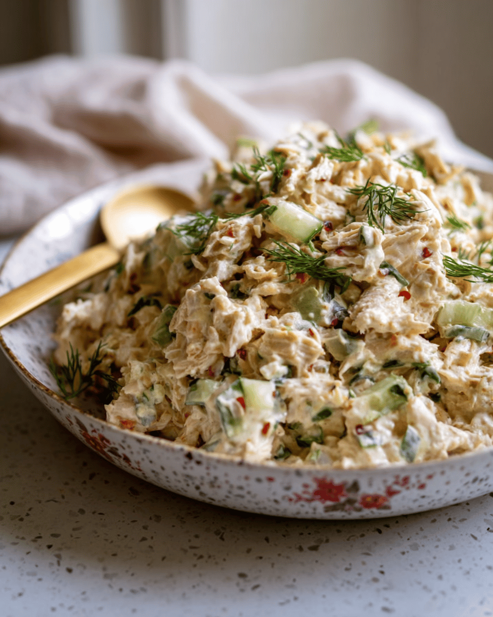Close-up of creamy dill pickle chicken salad with chopped pickles and herbs
