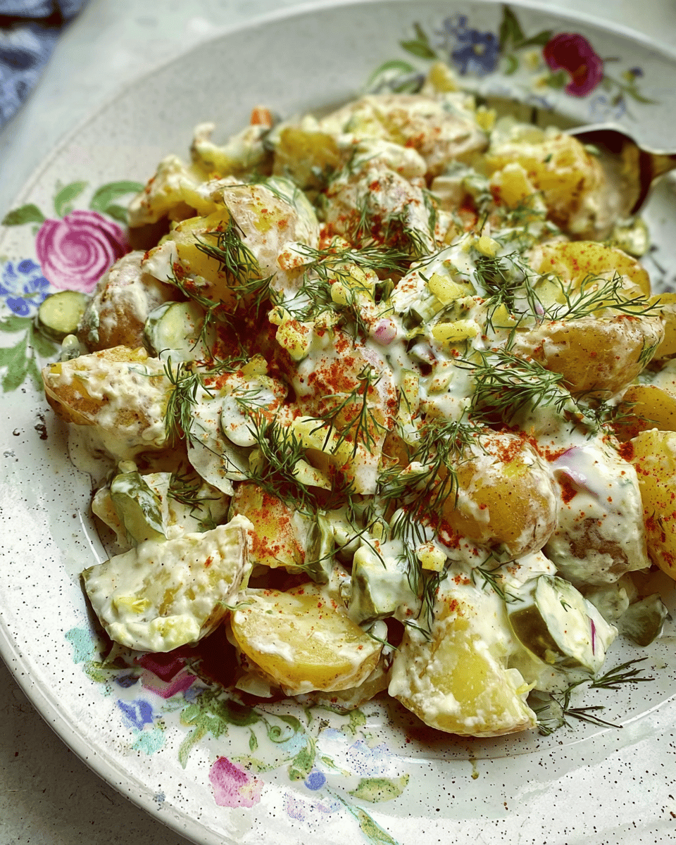 A close-up of a Potato salad with dill and pickles, and radishes, served on a decorative floral plate.