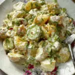 A vibrant serving of potato salad with dill, pickles, and red radishes in a floral bowl.