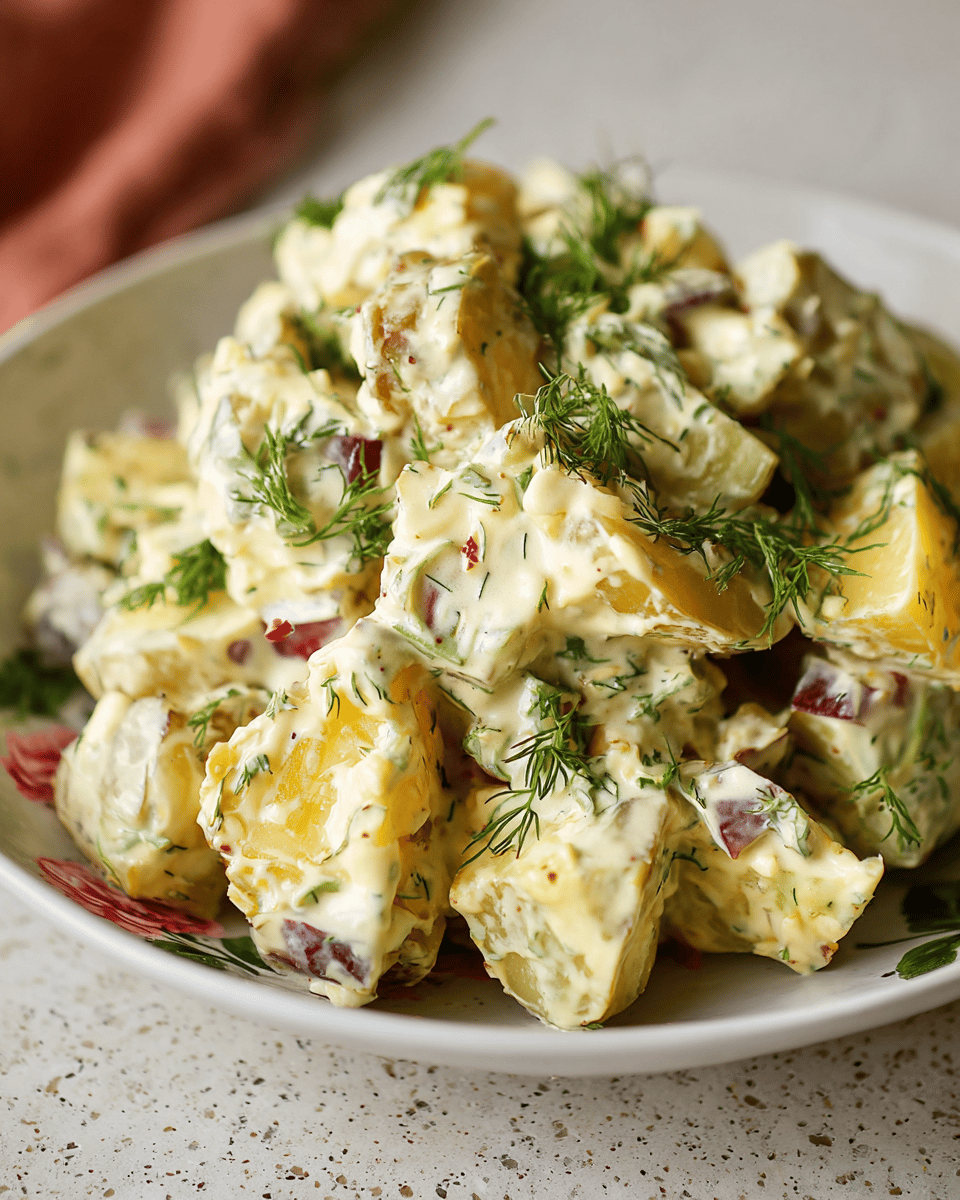 Dill Pickle Potato Salad with fresh dill, red potatoes
