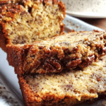A golden, moist pecan bread loaf ready to serve