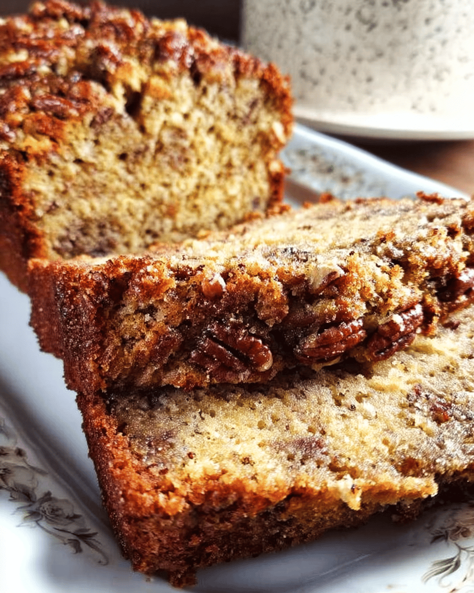 A golden, moist pecan bread loaf ready to serve